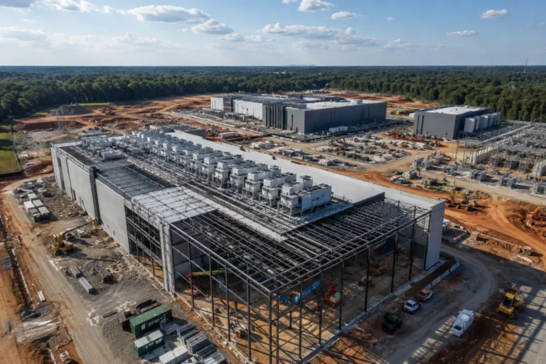 An aerial view of a large data centre construction site with steel framing and cleared ground