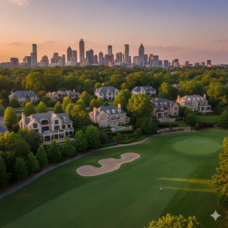 An aerial view of a golf course and large houses with the skyline at sunset