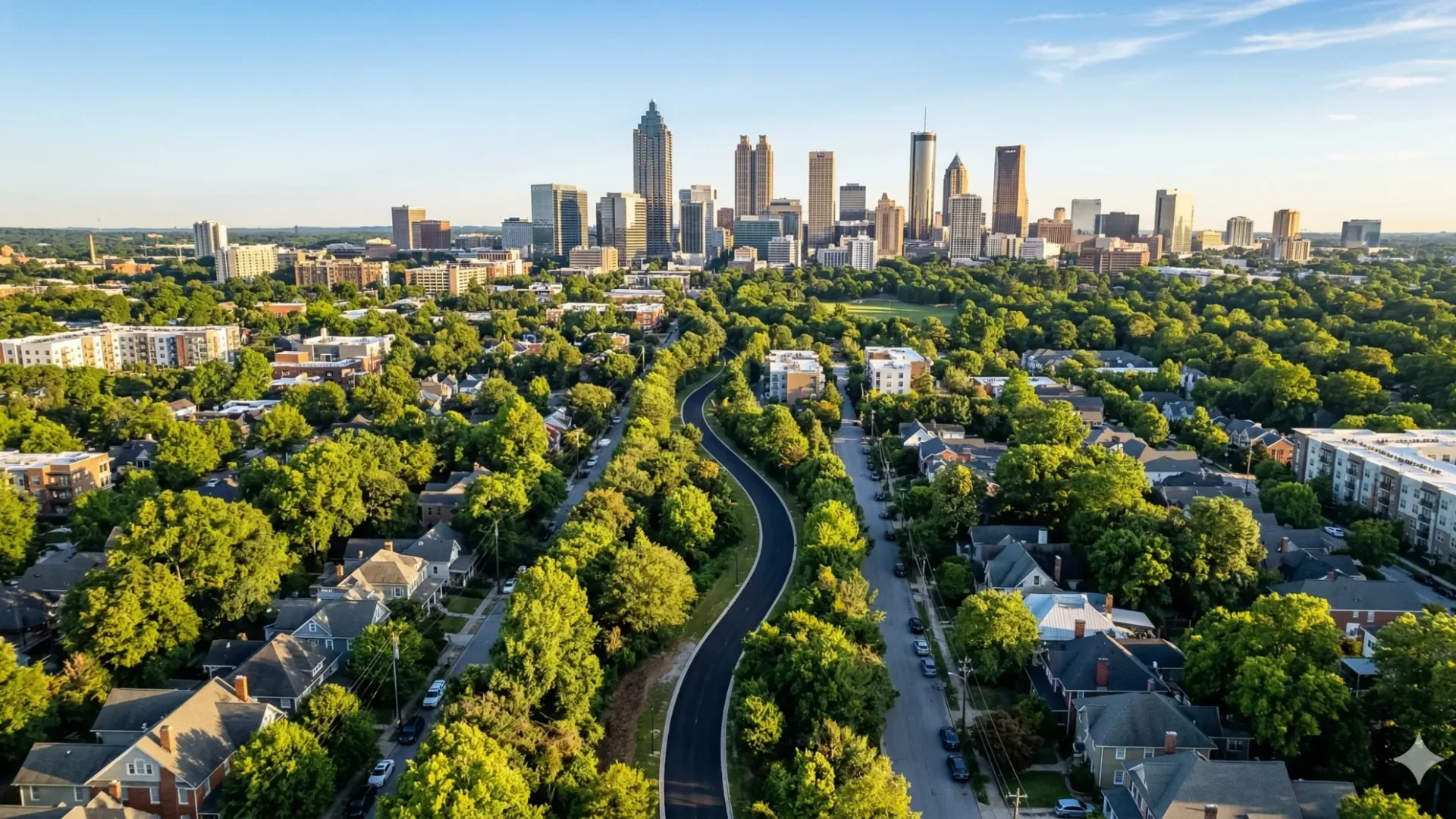 An aerial view of intown Atlanta with a curving trail through tree cover and the skyline beyond