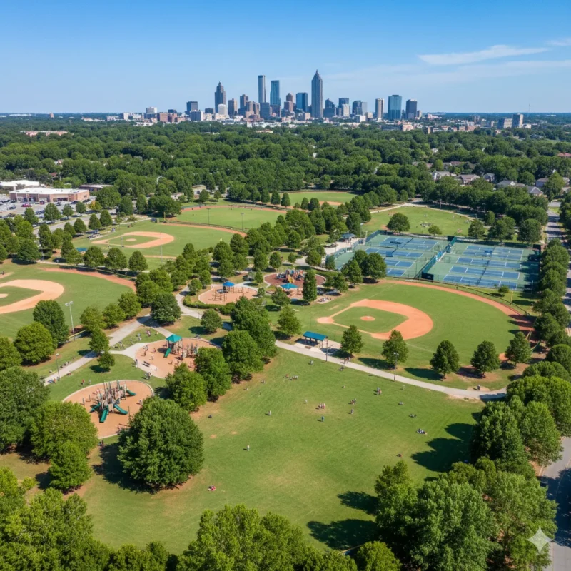 An aerial view of a park with ball fields and tennis courts below the Atlanta skyline