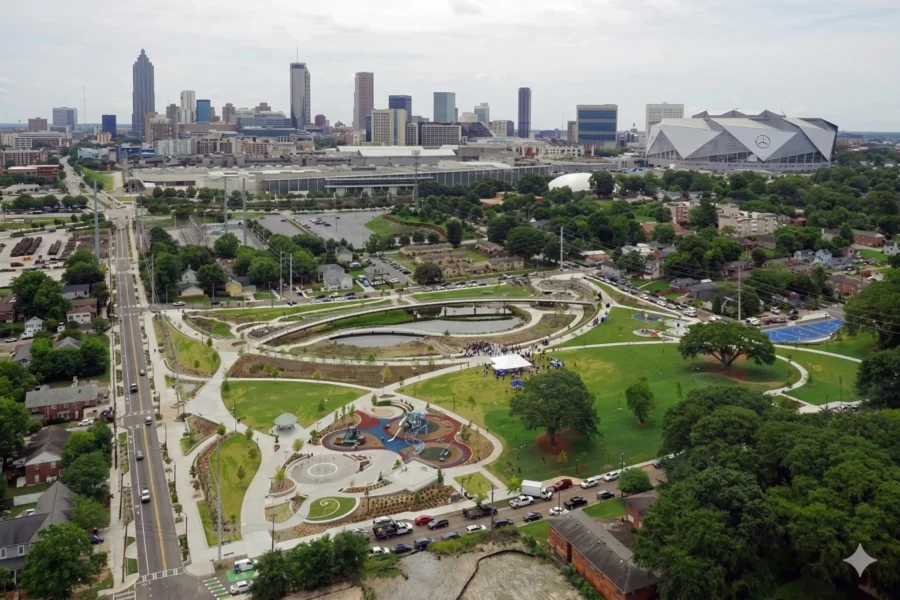 An aerial view of a park and fountain plaza with the downtown Atlanta skyline behind