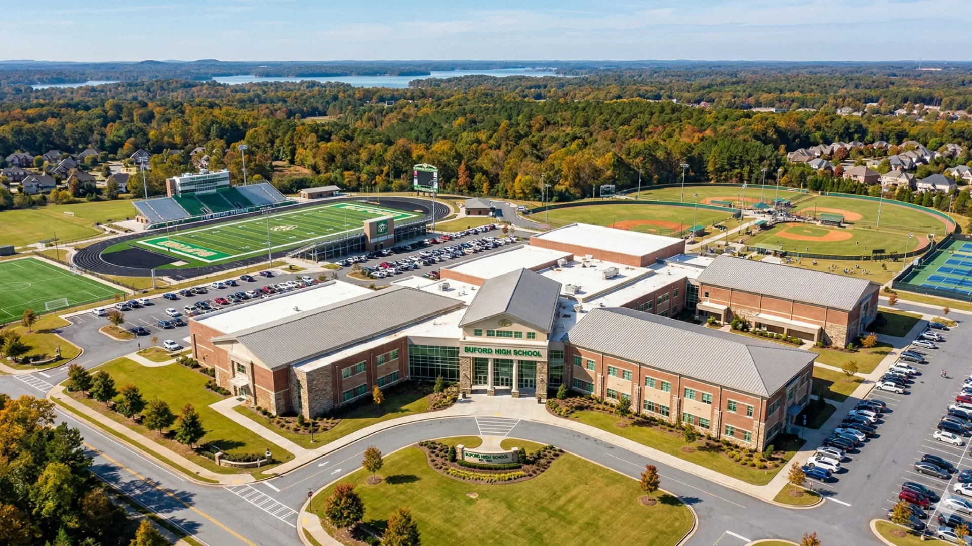 An aerial view of a school campus with sports fields and a lake beyond