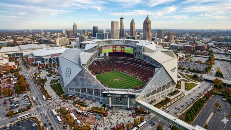 An aerial view of a full stadium with the Atlanta skyline in the distance