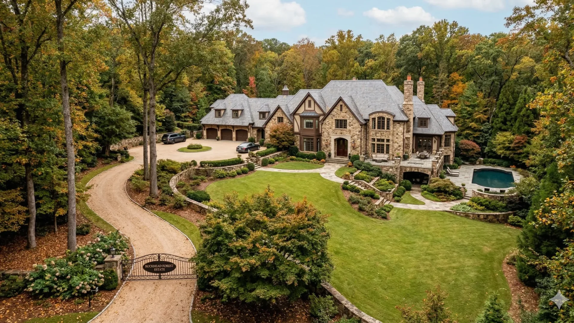 An aerial view of a stone estate with a pool, set in woodland
