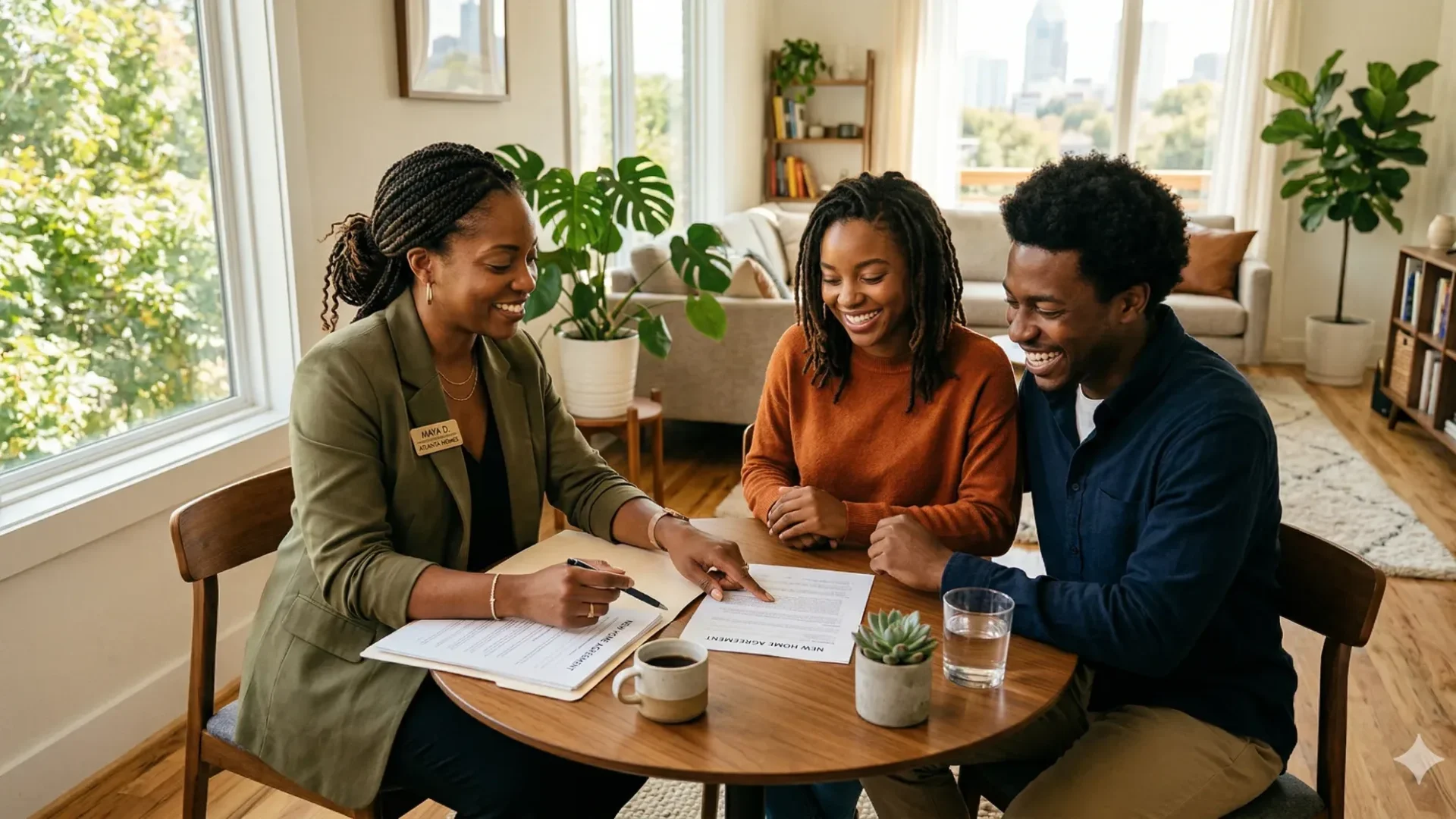 An agent meeting a young couple at a round table in a sunlit living room
