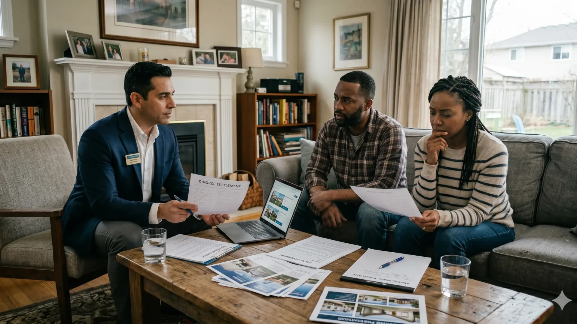 An agent showing documents to a couple sitting on a sofa