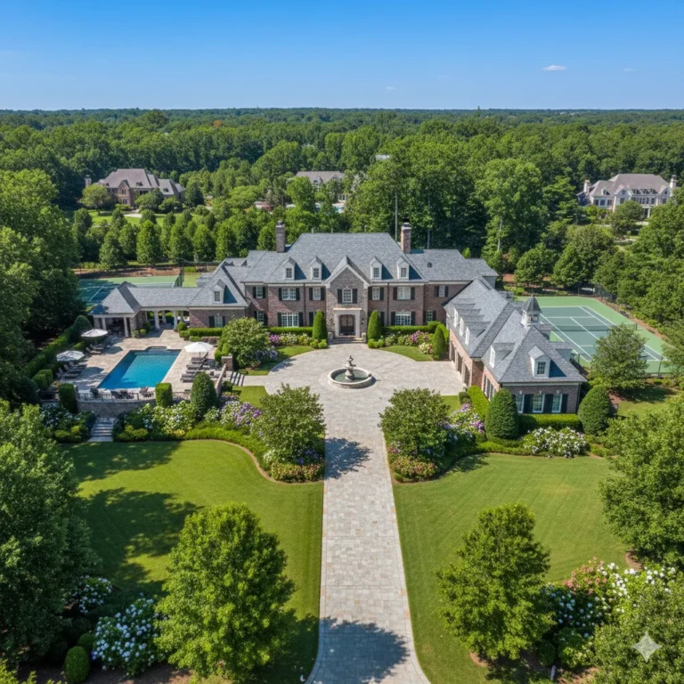 Aerial of a large estate with formal gardens, a pool and a sport court