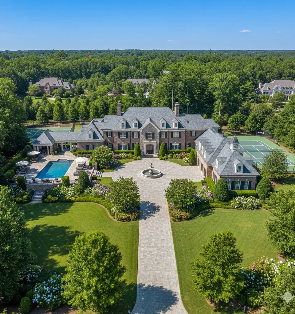 Aerial of a large estate with formal gardens, a pool and a sport court
