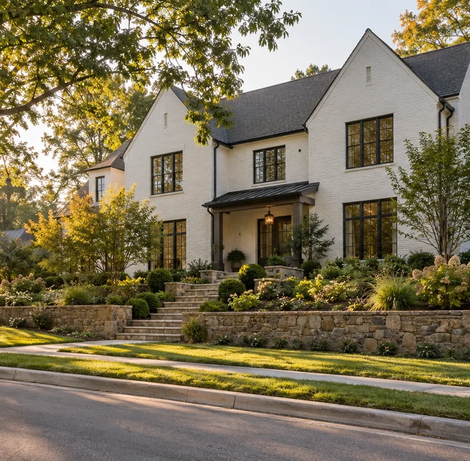 A white painted brick house with black windows