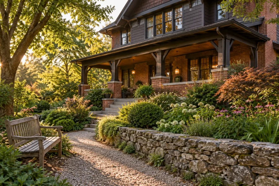 A brick and timber house with a deep covered porch on brick piers, a weathered garden bench beside a gravel path and a low dry stone wall along the front in soft late light
