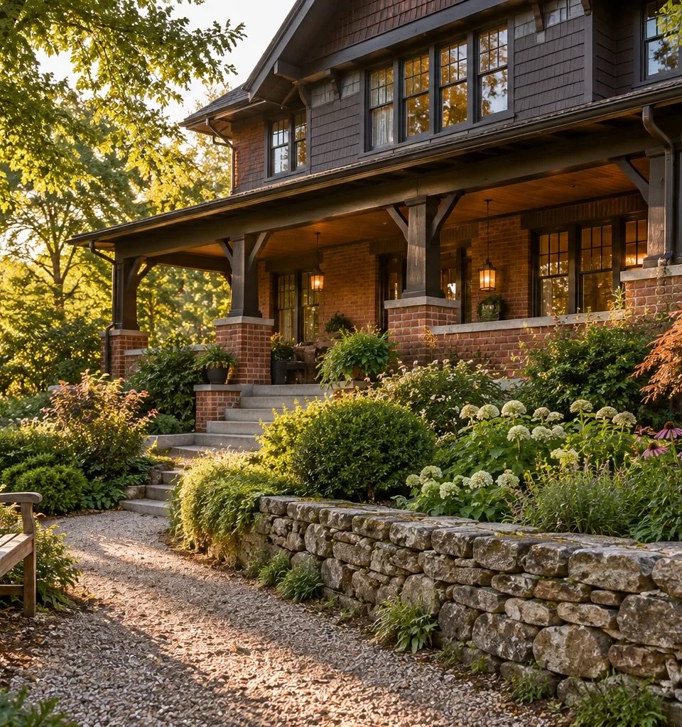 A brick and timber house with a deep covered porch