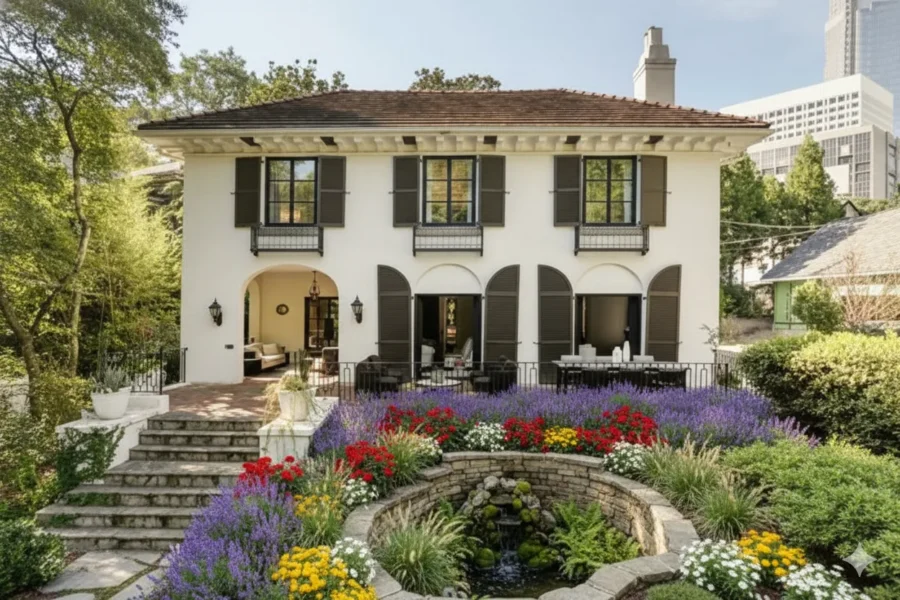 Cream Italianate villa with arched openings above a stone garden pool