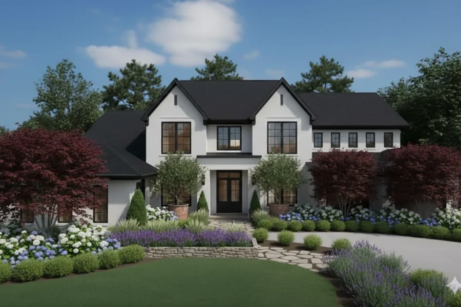 White and black transitional two-story with hydrangea borders