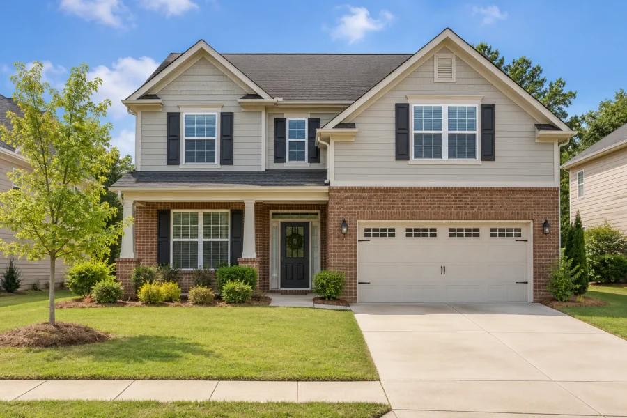 A mid priced two storey family home in brick and beige siding with a two car garage and simple foundation planting in bright daylight