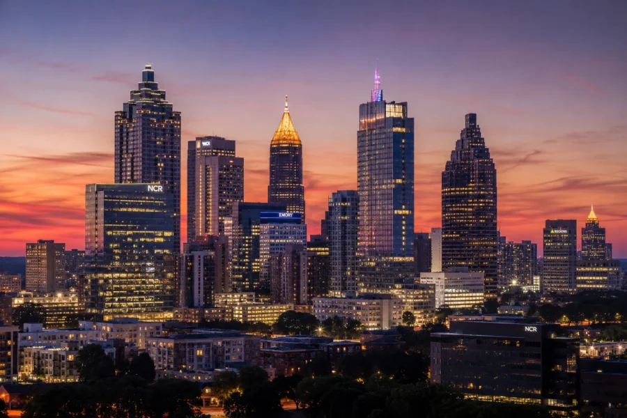 The Atlanta skyline at sunset with the office towers lit