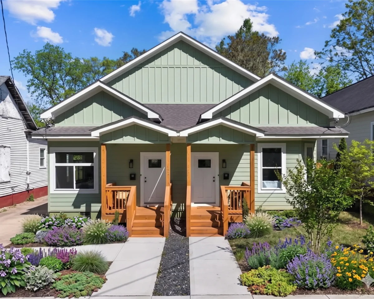 A pair of attached green bungalow-style homes with separate front porches
