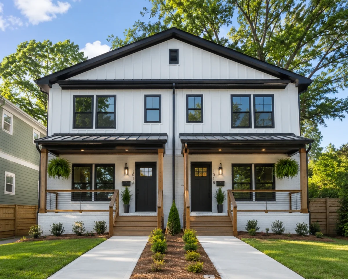 A pair of attached two story townhomes with covered front porches and separate entrances