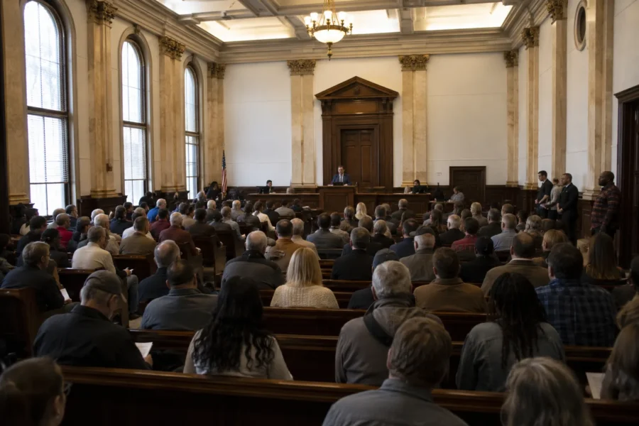 A crowded auction room with rows of people seated facing a wooden bench
