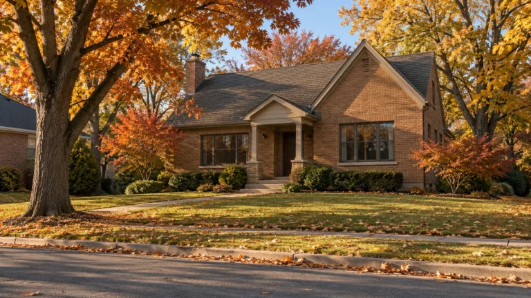 A residential street in mid autumn with maples and oaks turned orange and gold, fallen leaves drifted across the lawns and kerb, and a warm toned brick house with a covered entry behind a clipped lawn in crisp afternoon light