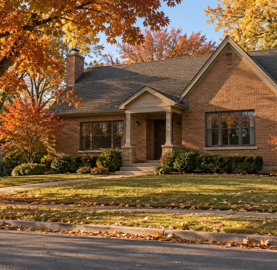 A brick house behind a clipped lawn on a residential street in autumn