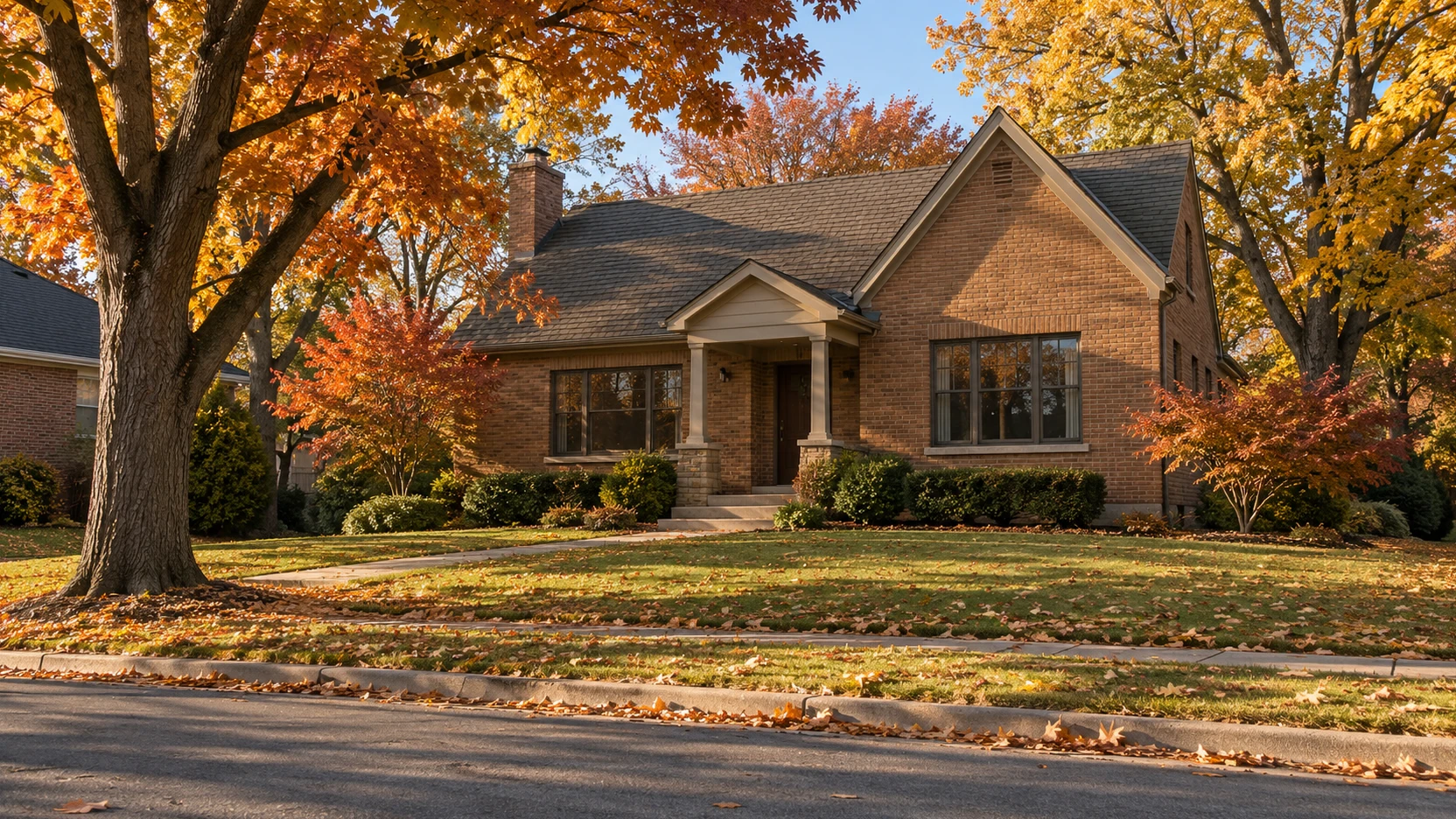 A residential street in mid autumn with maples and oaks turned orange and gold, fallen leaves drifted across the lawns and kerb, and a warm toned brick house with a covered entry behind a clipped lawn in crisp afternoon light