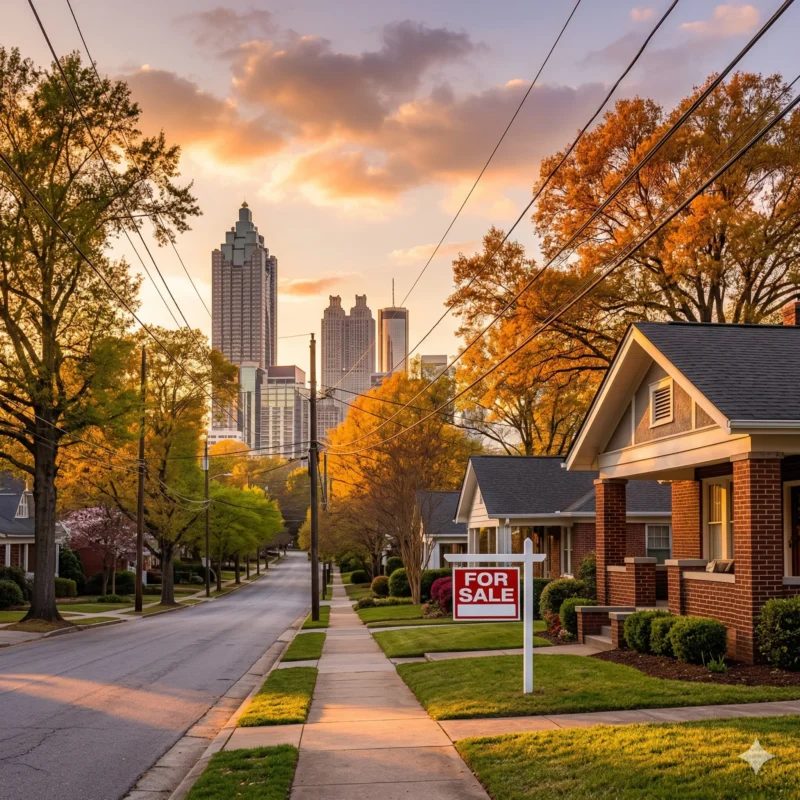 An autumn street of bungalows with the Atlanta skyline at sunset and a for-sale sign in a front yard