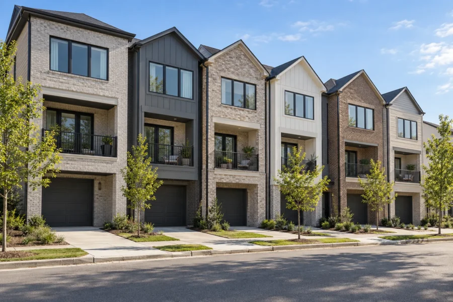 A row of new narrow three storey townhomes in pale brick and dark board cladding with balconies, tandem garages and young street trees