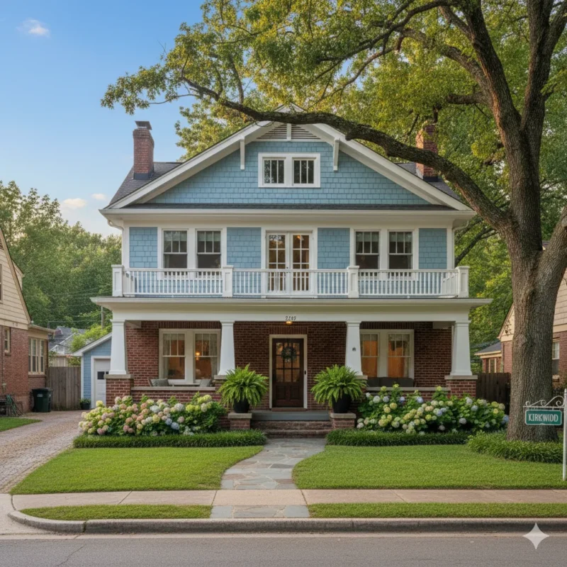 A blue Craftsman house with a deep porch on a brick base under mature trees