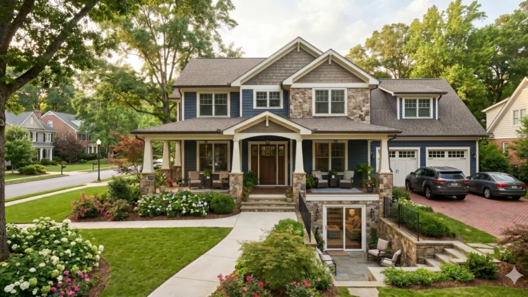 A blue and stone two-storey Craftsman with a full-width porch and cars on the drive