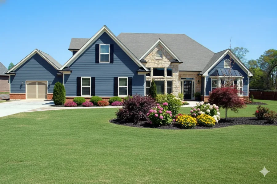 A blue two-storey house with stone accents and a landscaped front lawn
