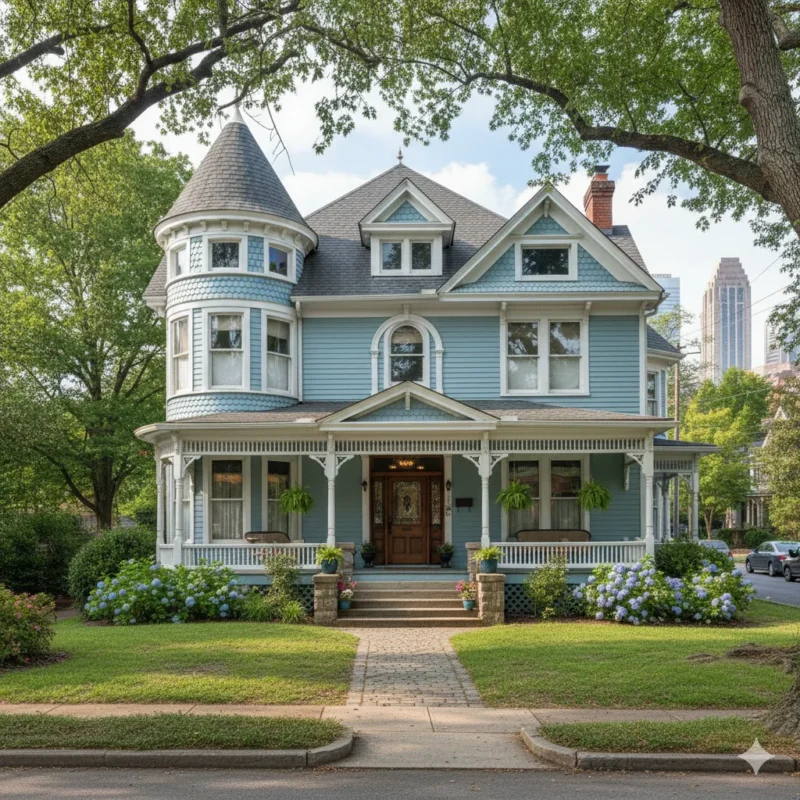 A blue Victorian house with a corner turret and a wraparound porch under mature trees