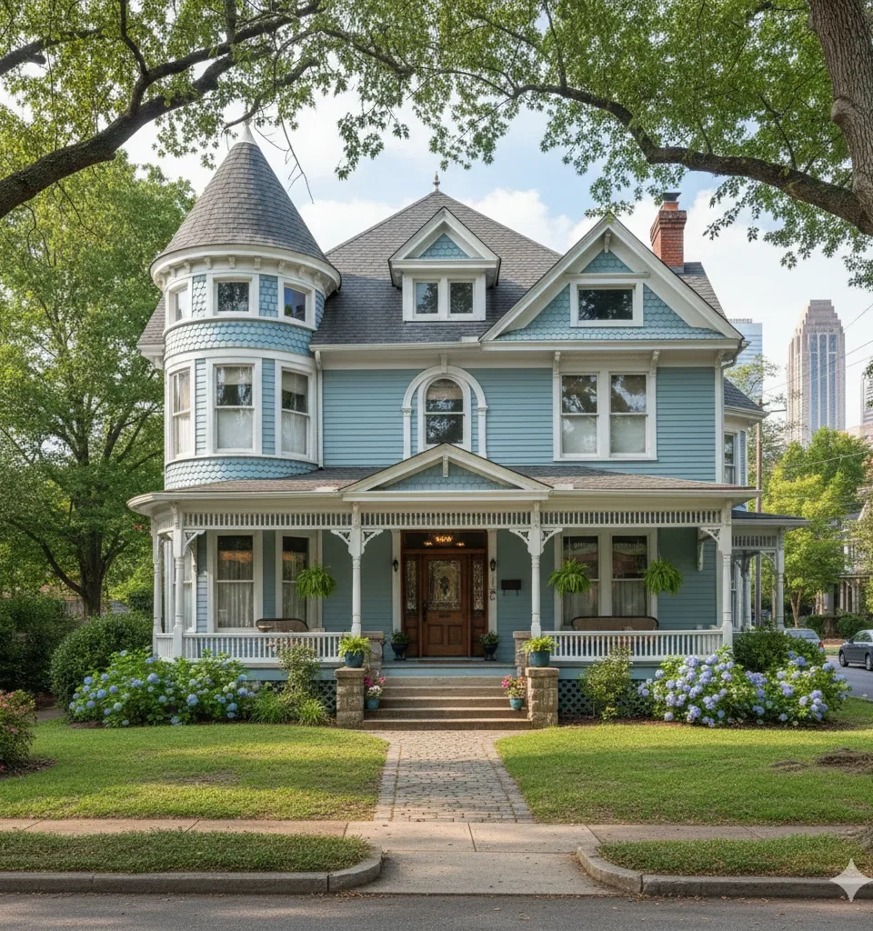 A blue Victorian house with a corner turret and a wraparound porch under mature trees