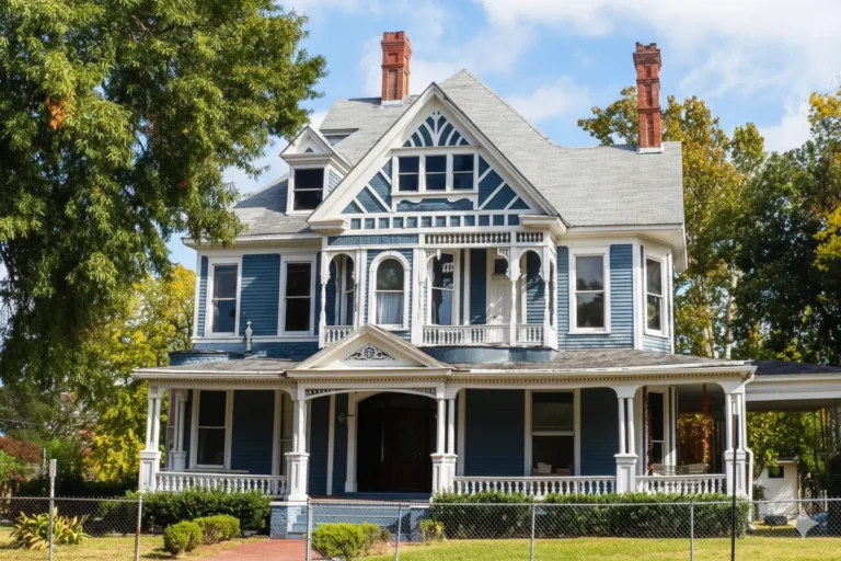 Blue and white Victorian with a wrap porch and decorative gable trim