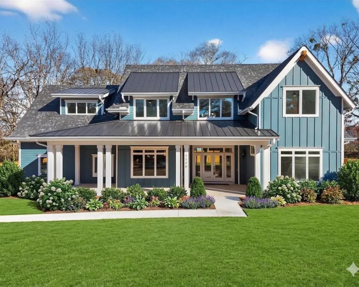 A blue and white two-storey house with a deep covered porch and a standing seam metal roof