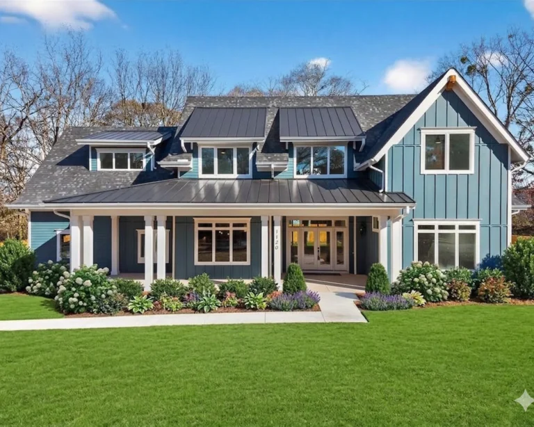 A blue and white two-storey house with a deep covered porch and a standing seam metal roof