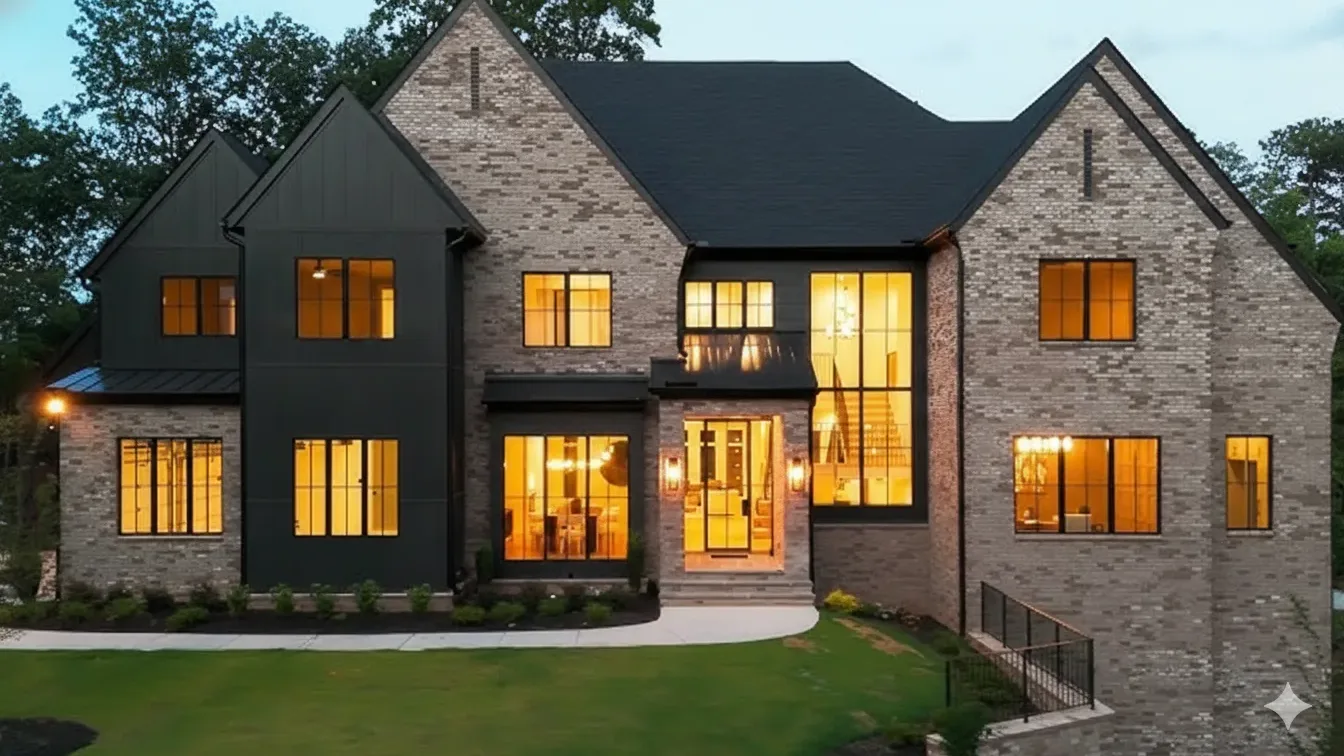 A large brick and black-clad modern house lit from within at dusk