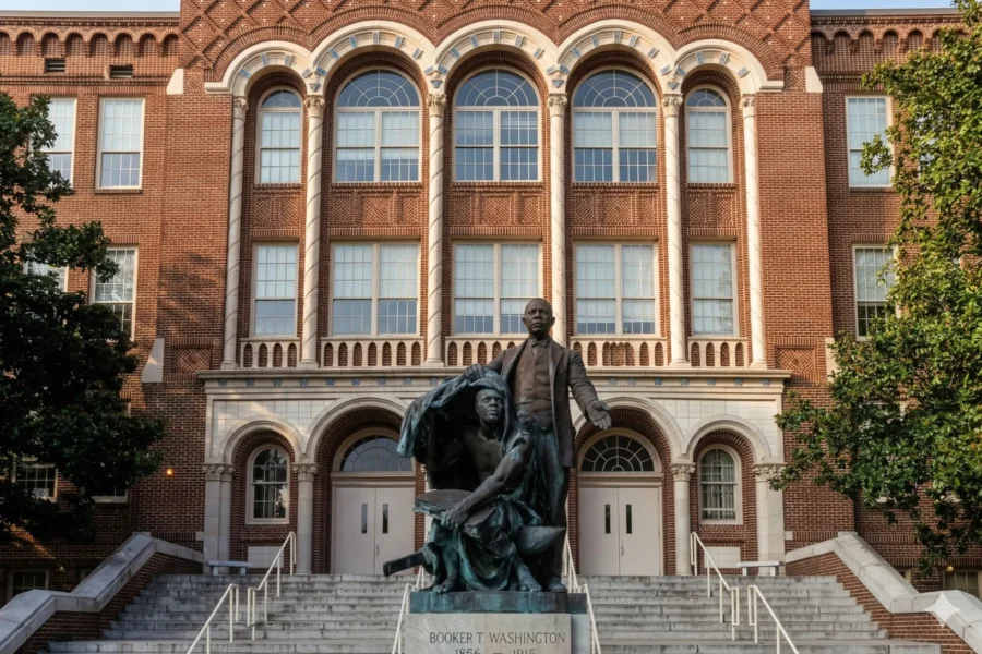 A monumental brick building with tall arched windows and a bronze statue on the front steps