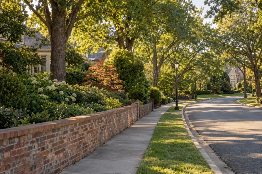 A quiet residential street in an established neighbourhood seen from the pavement, with a low brick capped garden wall running into the distance, hydrangeas and mature trees, and large houses set well back in warm late afternoon light