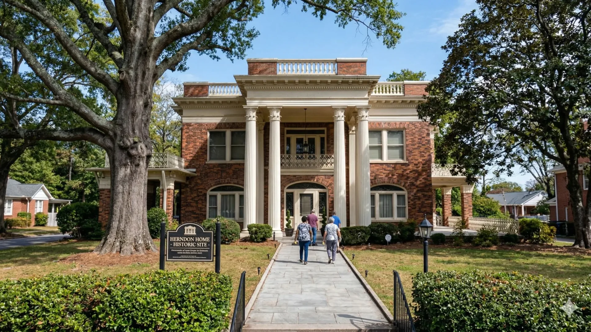 A grand brick building with tall white columns at the end of a paved walkway under mature trees