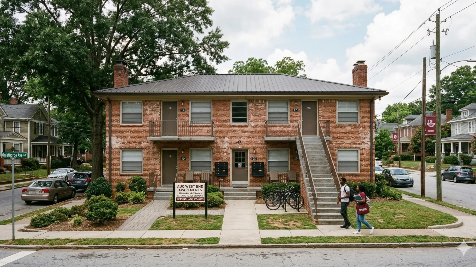 A two-storey brick duplex with an exterior stair to the upper unit on a residential street