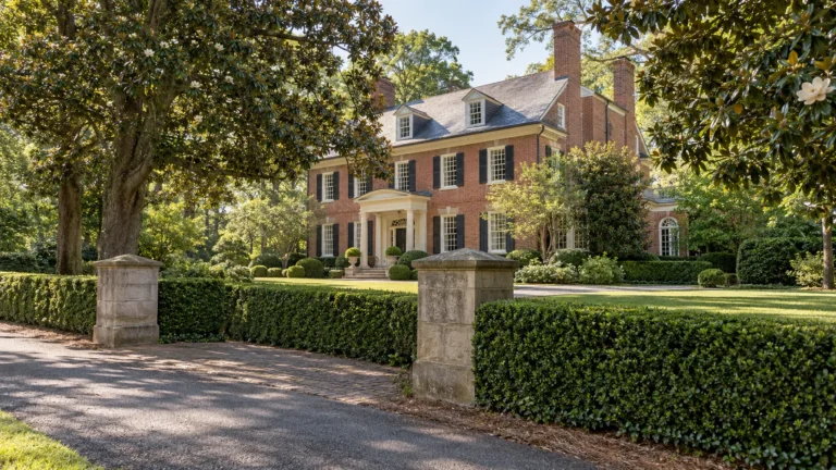 A red brick Georgian revival estate with white trim, tall chimneys and a slate roof, seen obliquely from a quiet lane behind a long clipped boxwood hedge and plain stone gate piers, in dappled midday light