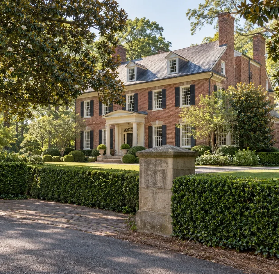 A red brick Georgian revival home with white trim