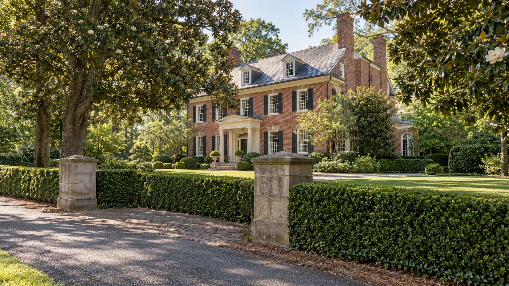 A red brick Georgian revival estate with white trim, tall chimneys and a slate roof, seen obliquely from a quiet lane behind a long clipped boxwood hedge and plain stone gate piers, in dappled midday light
