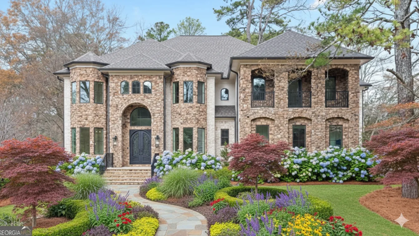 A large brick house with arched windows above banks of colourful planting