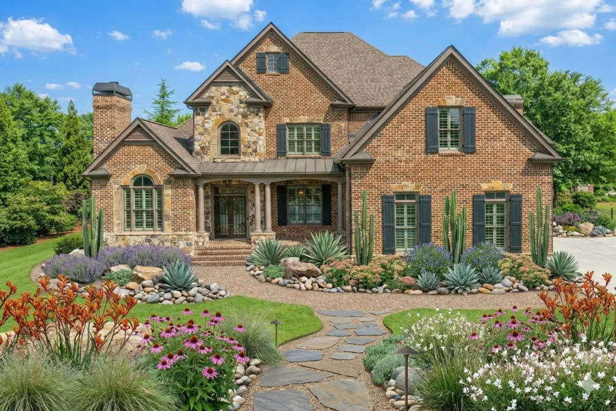 A brick house with steep gables above a flagstone path and dense planting