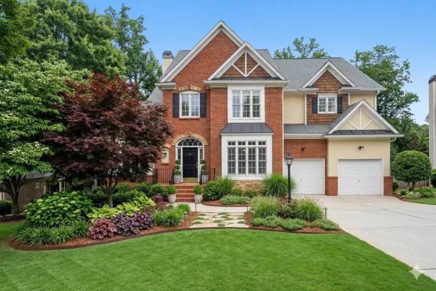 A brick house with a gabled entry and layered planting along the front walk