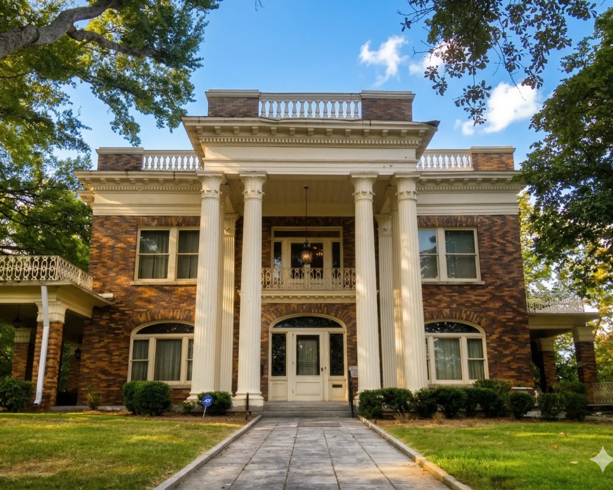 A grand brick house with tall white columns above a paved front walk