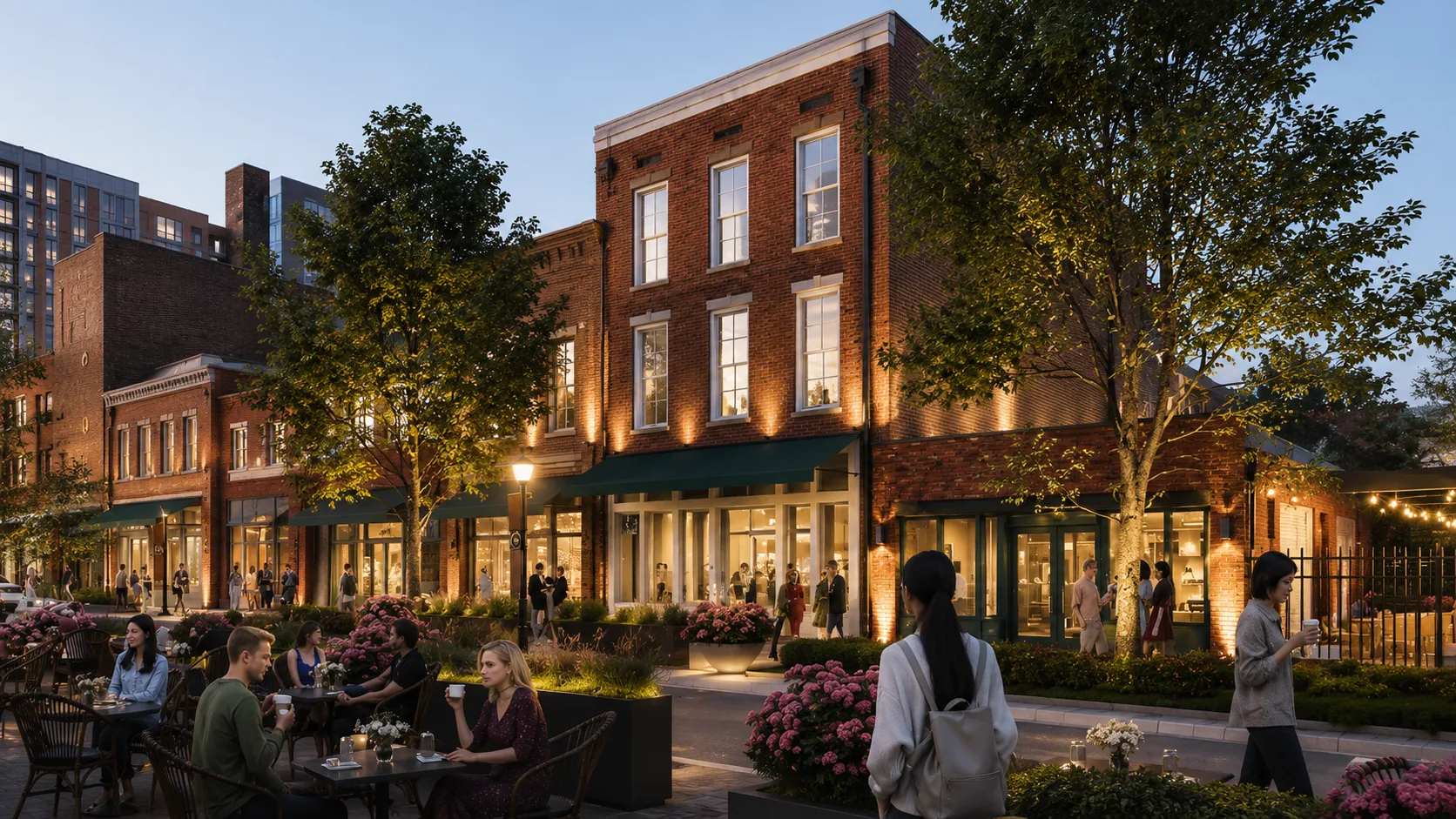 A brick mixed-use building at dusk with people at outdoor tables