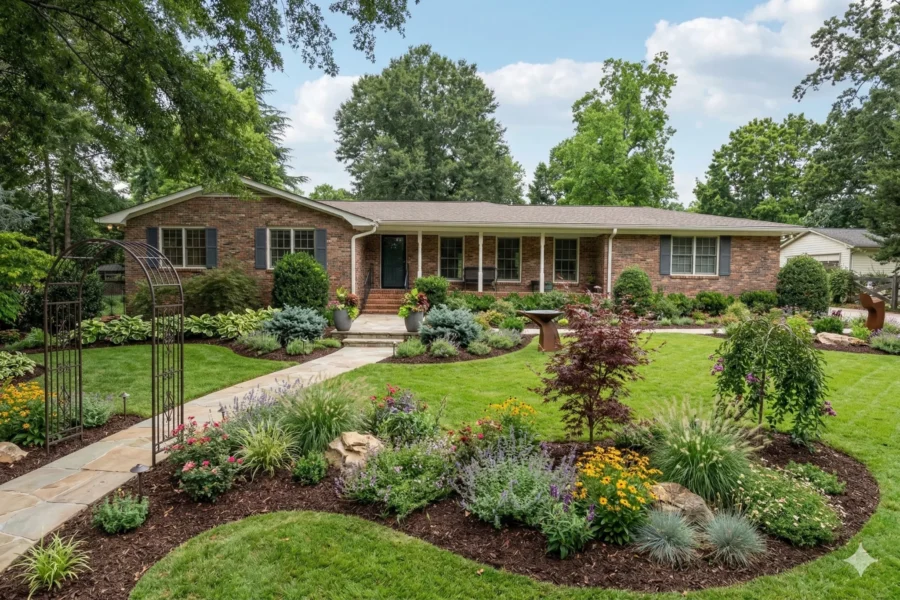 Brick ranch with an arched arbor over the front walk and curved beds