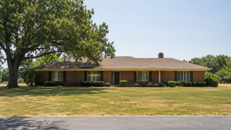 A low brick ranch house on a broad flat lawn in high summer, with a large shade tree to one side and hard eave shadows under bleached midday light